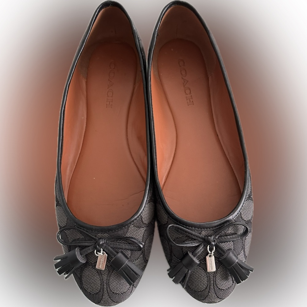 COACH Bea Black Smoke Signature Canvas Logo Print Ballerina Flats - US 9